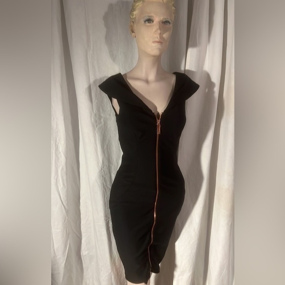 Ted Baker Cap Sleeve Ravana Front-Zip Cocktail Midi Sheath Dress Black Womens 4 - Picture 8 of 11